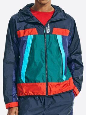 Men's Nautica Colorblock Gyro Hooded Windbreaker XL Water Resistant Jacket Navy